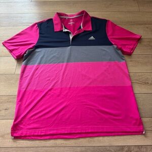 Adidas Men's Vibrant Pink and Gray Striped Polo